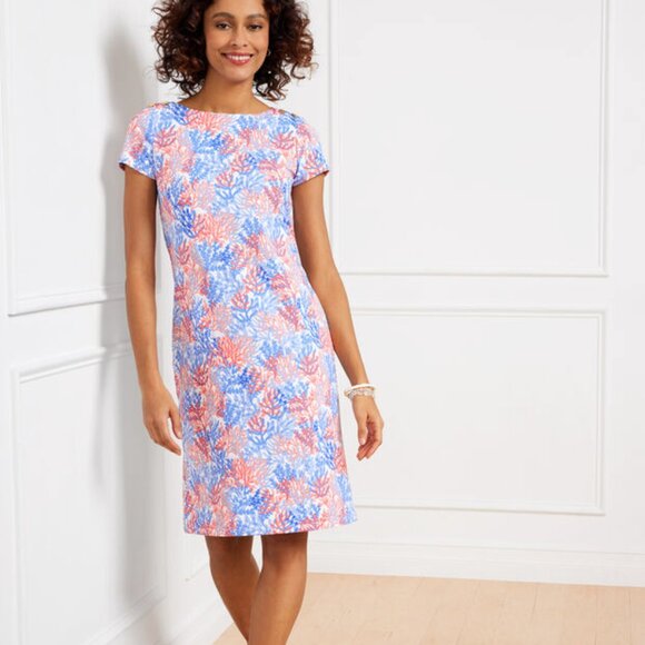 Talbots Effortless Jersey Shift Dress in Dynamic Coral Print Nautical Coastal M - Picture 1 of 6